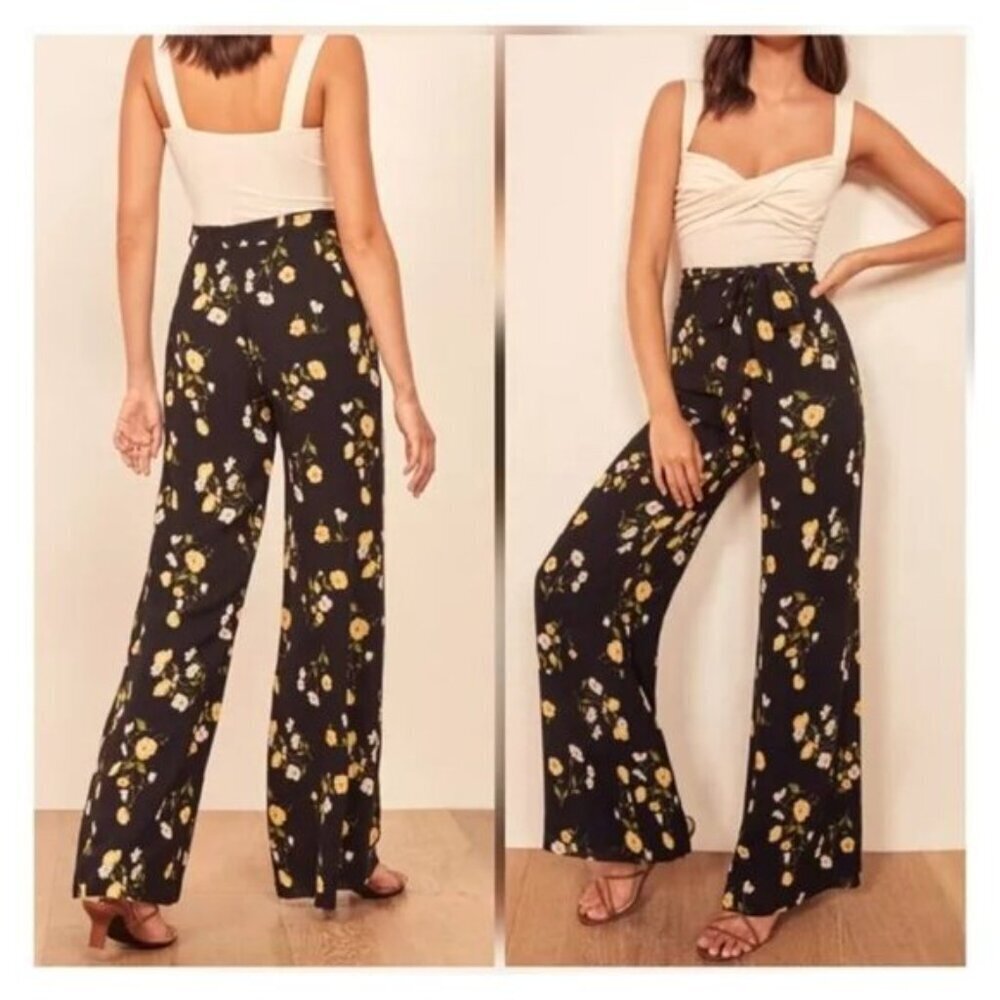 REFORMATION Women's Floral Print Wide Leg Palazzo Culotte Pant Black Yellow Sz 2
